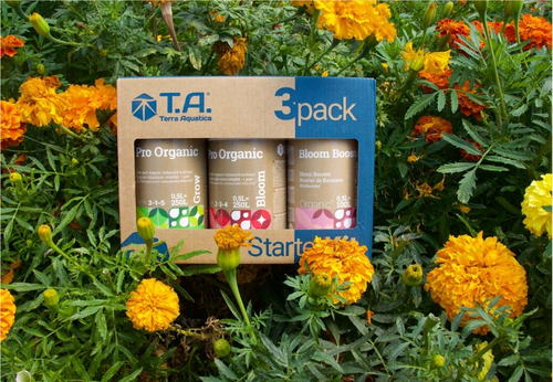 bouteille d'engrais de TriPart dans un champs de fleur